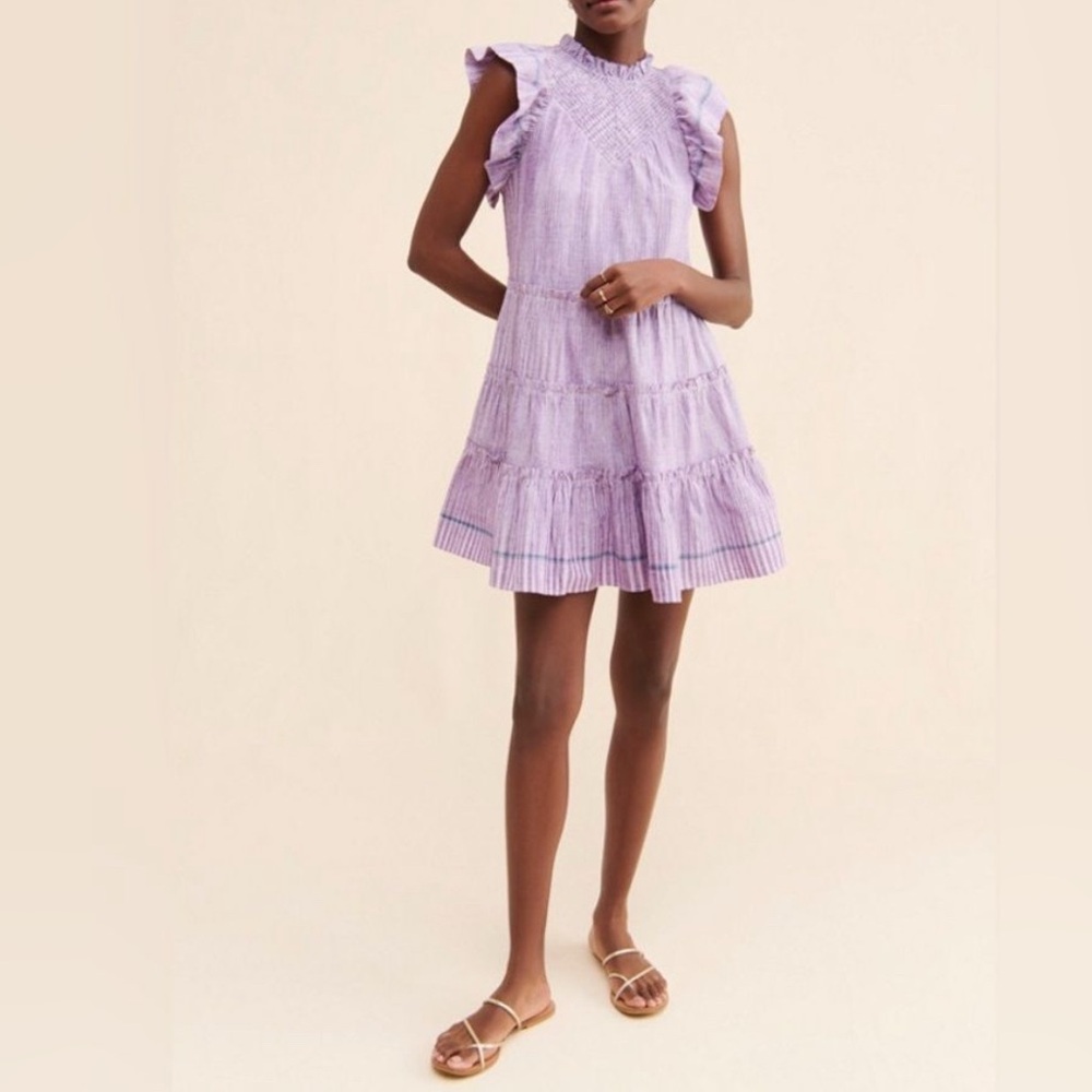 Saylor Amalia Ruffle Flutter Sleeve Mini Dress Purple Cotton Ruffle Smocked